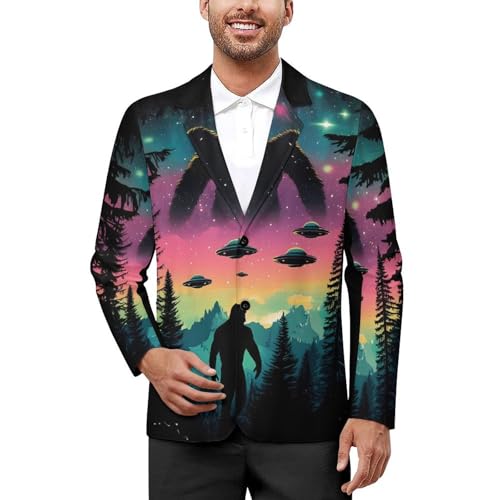 Bigfoot and Aliens Mens Suit Jacket Lapel Blazers V Neck Button Business Coat Tuxedo for Wedding Party