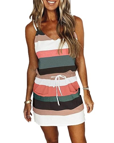 Zueauns Sommerkleid Damen Kurz Spaghettiträger-Kleid V-Ausschnitt Kleider...