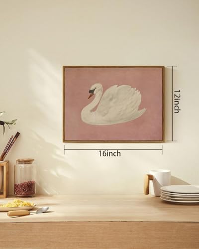 Image of KISSFOX Framed Wall Art Vintage Wall Decor Pink Swan Pictures Retro Animal Canvas Art Rustic Aesthetic Paintings Farmhouse Artwork For Bedroom Living Room Kitchen