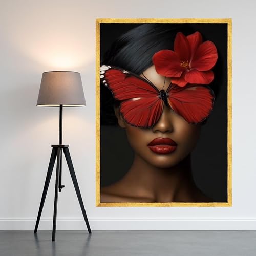 Décoration féminine maison portrait de femme papillon rouge tableau sur toile avec cadre