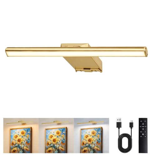 nulmvic 12'' Picture Light for Wall, 10000mAh Rechargeable Wall Lights, 3 Colors, Stepless Dimmable LED Art Painting Light with Remote, 4 Timers for Gallery, Living Room, Bedroom, Hallway (Gold)