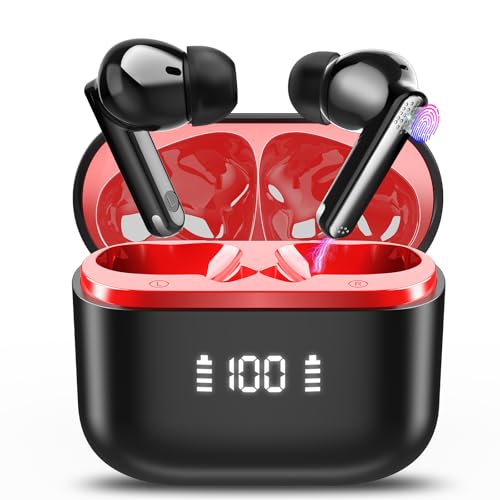 Bluetooth Headphones, Bluetooth 5.3 Earphones with HiFi Stereo, Wireless In Ear Headphones with HD Mic, 48H Bluetooth Headphones with Noise Reduction CVC8.0, Wireless Headphones IP7 Waterproof, Red