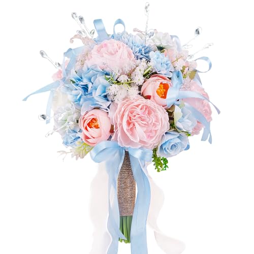8.6in Wedding Bouquets for Bride Bridesmaid, Baby Blue Blush Pink