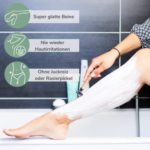 Foto von boopan® Premium RASIERHOBEL Damen mit Ständer und Griff aus Bambus nachhaltig inkl. 5 Rasierklingen - Rasierer Set für eine sichere und sanfte Rasur - geschlossener Kamm inkl. eBook