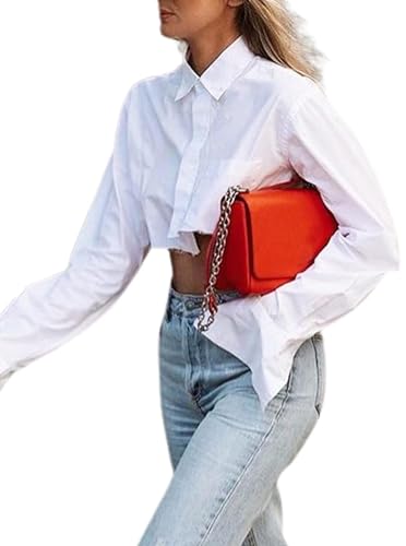 Remidoo Women's Asymmetrical Hem Long Sleeve Cropped Button Up Shirt Crop Top Blouse Streetwear2
