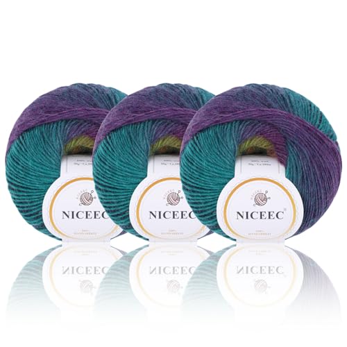 Image of NICEEC 3 Skeins 100% Rainbow Wool Yarn Soft Gradient, Self-Striping, Colorful Single Ply Yarn for Crochet & Knitting (Total 196ydsx3 /1.76ozx3) - 30#
