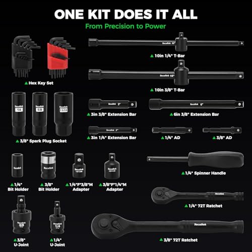 Image of TecoTek 1 /4 inch & 3 /8 inch Dr. Impact Socket Set, 189 Piece Socket Wrench Set Mechanic Tools, Metric and SAE Full Set, CR-V, Deep & Shallow Socket with Ratchet Handle, Spark Plug Socket, Bits for Mechanic
