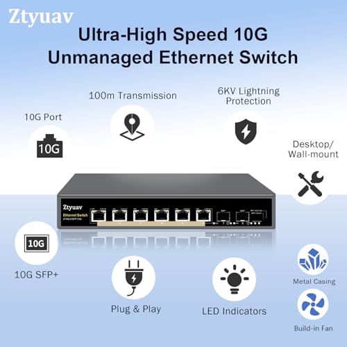 Image of 8 Port Unmanaged 10Gbe Ethernet Switch with 6 x 10Gb RJ-45 Ports, 2 x 10Gb SFP+ Ports, Ports Speed Auto-Negotiation-1000M /2.5G /10G, One-Key VLAN, Build in Cooling Fan & Metal Shell, Plug & Play