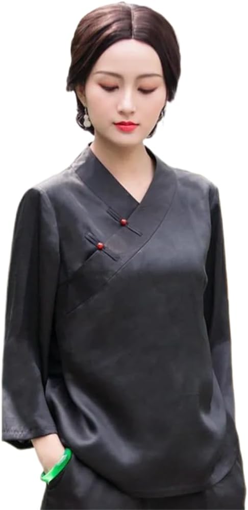 Chinese Style tangsuits Cheongsam Blouse Women Oriental Retro Long Sleeve Solid Color top
