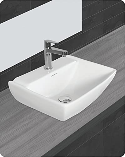 Image of Wash Basin Table Top Over Counter Vessel Sink Glossy Finish White Sink for Bathroom (18 x 14 x 6 Inch)