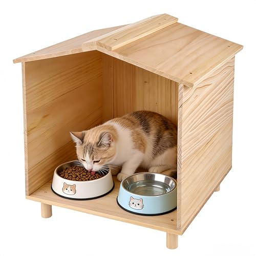 Dmnnlp Outdoor Cat Feeding Station & Shelter - Waterproof Cat House Dining Room for Stray Feral Community Cats Rabbits & Dogs (Wood)