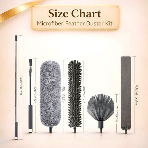 Image of 4-in-1 Microfiber Feather Duster with 100-inch Extendable Pole - Bendable & Telescopic High Ceiling Fan Cleaner - Washable Multi-Angle Dusting Tool for Window Blinds, Furniture, Car & Home