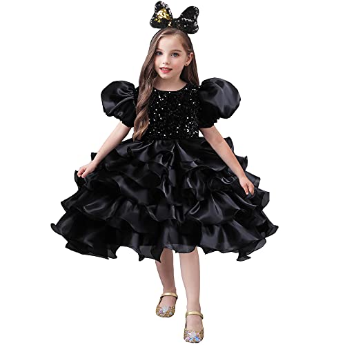 Vestido de boda para niñas con lentejuelas anti-rozaduras y diadema elástica en color negro