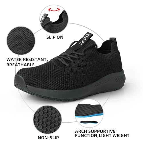 Delobi Non Slip Shoes for Women Food Service Work Shoes Restaurant Slip Resistant Hospital Walking Sneakers Breathable Lightweight Lace Up Shoes Black