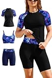 SHEKINI Womens 3-Piece Rash Guard Set UPF50+ UV Short Sleeve Swim Shirt Sport Bra Bikini Top with Boyshort Bottoms Swimming Costumes Modest Swimwear Swimsuits(Black Print 01,XXL)