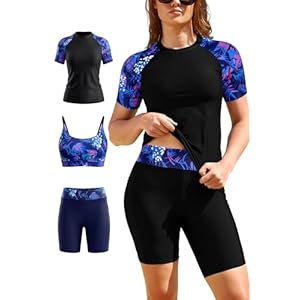 SHEKINI Womens 3-Piece Rash Guard Set UPF50+ UV Short Sleeve Swim Shirt Sport Bra Bikini Top with Boyshort Bottoms Swimming Costumes Modest Swimwear Swimsuits