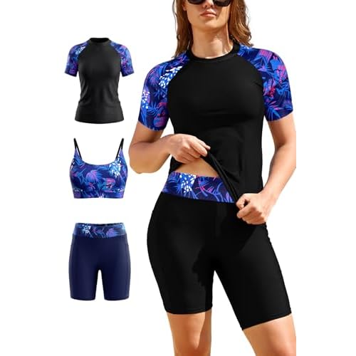 SHEKINI Womens 3-Piece Rash Guard Set UPF50+ UV Short Sleeve Swim Shirt Sport Bra Bikini Top with Boyshort Bottoms Swimming Costumes Modest Swimwear Swimsuits