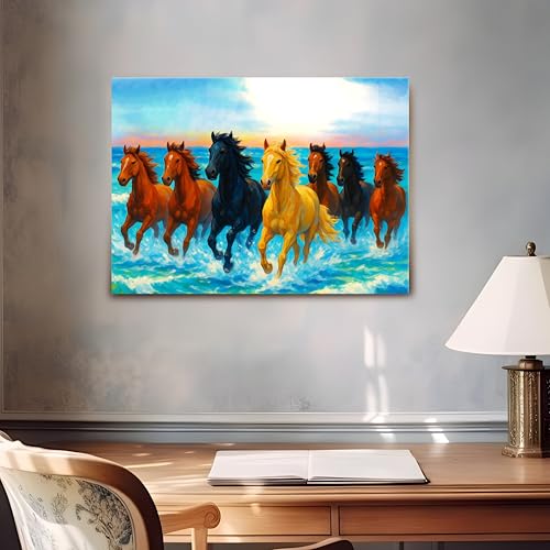 Image of 7 Running Horses Vastu Stretched Canvas Painting For Living Room Blue Seven Horses Vastu Wall Art Painting Symbol of Success, Growth & Positive Energy Wall Art for Home & Office, 12x16 Inch