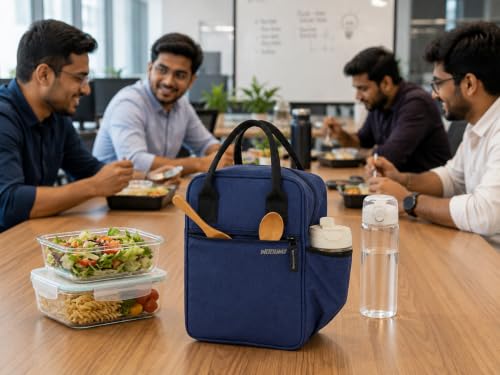 Image of Wooum 7.5L Thermal Insulated Lunch Bag for Office Men Women Large Tiffin Bag with Bottle Holder Food Bag Insulated Lunch Box Carry Bag (Navy Blue)