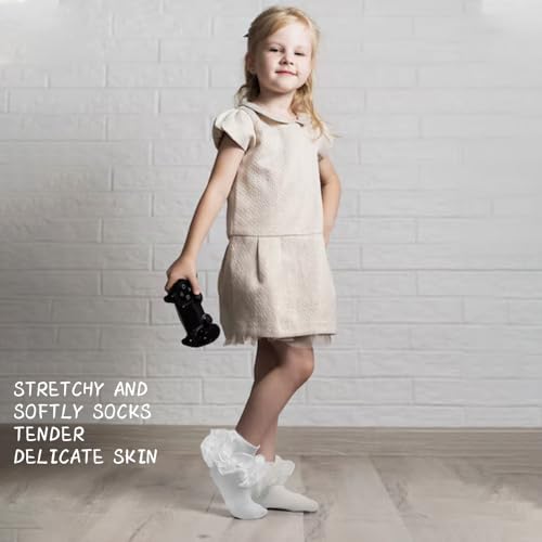 3 Pairs Cute Lace Trim White Ruffle Socks for Girls, Comfortable Frilly Ankle Socks for Big Kids3
