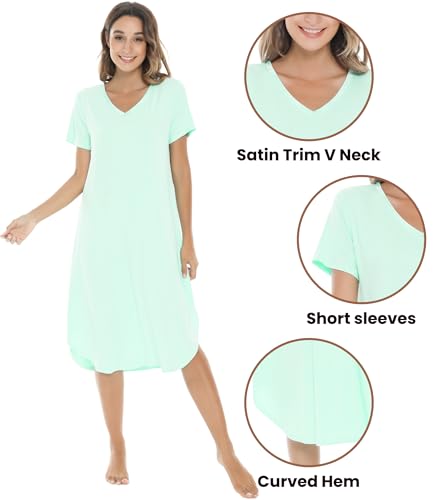 Image of NACHILA Nightgowns for Women-Viscose Made from Bamboo, V Neck Sleepshirts Short Sleeve Sleepwear Cool Nightshirt