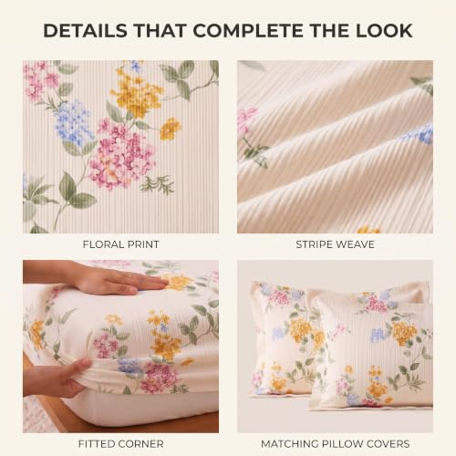 Image of VAS COLLECTIONS 240 TC Premium Fitted Bedsheet, Floral Printed King Size Elastic Deep Pocket Mattress Cover, Soft Breathable Bed Sheet for Bedroom, 72 x 78 + 10 Inches (183 x 198 + 25 cm) - Soft Honey