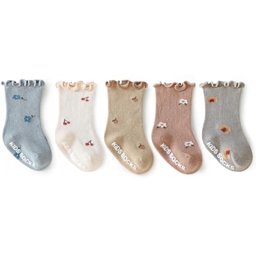 Image of Eimmabey Baby Girls Toddler Socks Organic Cotton Socks Floral Pattern with Non-Skid Gripper for Fall Spring and Summer