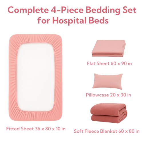 Image of Care Bed Sheets Set 4 Pcs - 36 inchx80 inch Fitted Sheet, Flat Sheet, Pillowcase & Blanket - Twin XL Hospital Style Sheets for Home or Adjustable Beds(Pink)