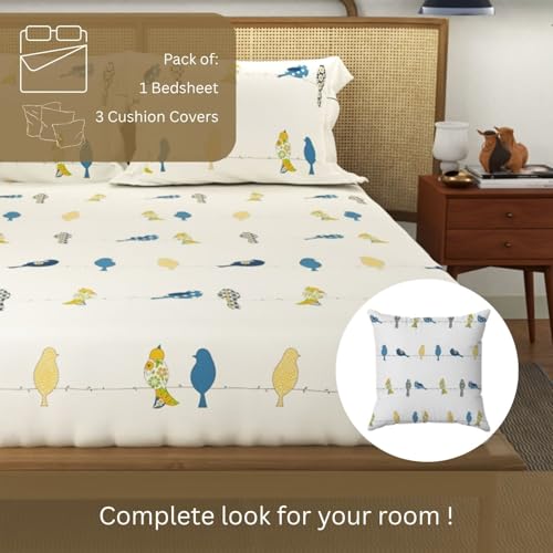 Image of Urban Space Divine 144TC 100% Cotton Printed Bedsheet for Double Bed, Double Bed Sheet Cotton with 2 Pillow Covers and 3 Cushion CoversWith Giftbox (Humming Bird Blue, Size 88 X 100 Inches)