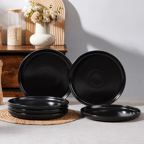 Image of E-far 10.2 inch Stoneware Dinner Plates Set of 6, Large Modern Ceramic Dishes, Round Salad Plate for Home Kitchen Restaurant, Microwave & Dishwasher Safe - Matte Black