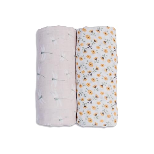 Image of lulujo Baby Swaddle Blankets | Unisex Softest Breathable Cotton Muslin Swaddle Blanket Set | Neutral Receiving Blanket for Girls & Boys | 40in x 40in | Vintage Floral & Dragonfly | 2-Count