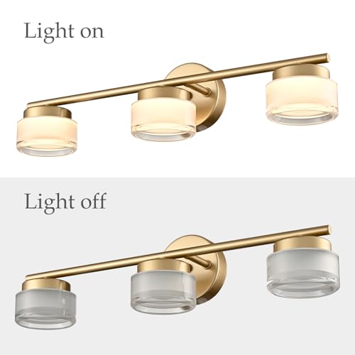 Image of Modern Gold 3-Light LED Bathroom Vanity Light with Acrylic Shade | 3000K Warm White Vintage Vanity Lights, Wall Sconces for Bathroom Bedroom Entryway Living Room