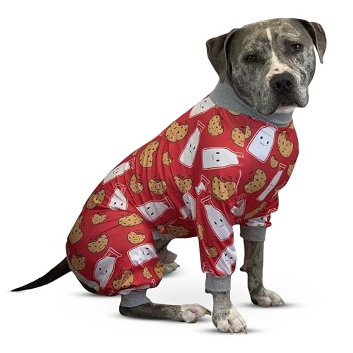 Tooth & Honey Pitbull Dog Pajamas Red Milk & Cookie Print Onesie for Medium Dogs Lightweight Full Coverage Dog Clothes for Shedding, Recovery & Warmth Pullover Pajamas (Medium)