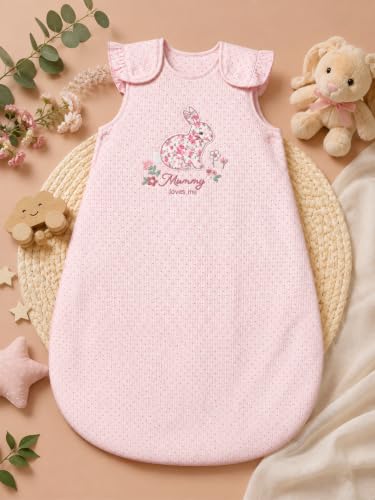 Image of TuddyBuddy Baby Cotton Wearable Quilted Sleeping Bag Blanket 1.5 Tog with 1 Way Zipper Closure | Ideal for Babies & Kids Hypoallergenic Fabrics | (Bunny Patch - Pink Polka, 18-24 Months)