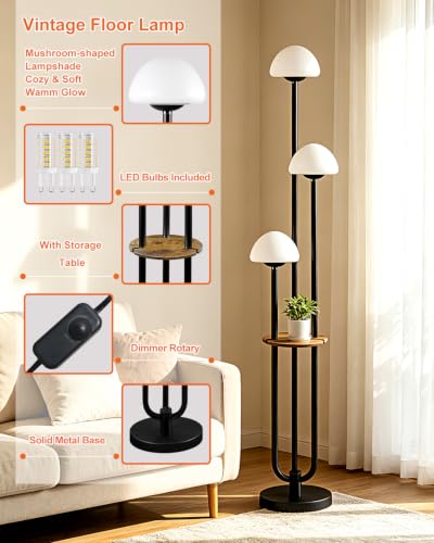 Image of 3 Light Mushroom Floor Lamp with Shelf, Dimmable Black Floor Lamp with Bulbs Included, 3000K Warm White Modern Standing Tall Floor Lamp for Living Room Bedroom Reading Sofa Beside Corner Decor