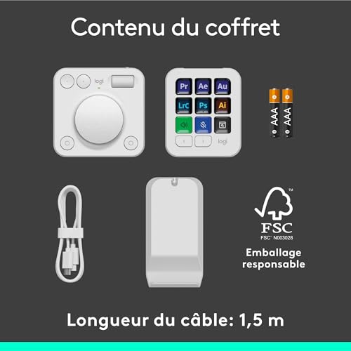 Logitech MX Creative Console, keypad programmable avec 9 touches LCD personnalisables et molette de commande pour la conception graphique, le montage vidéo, la photographie - Gris clair