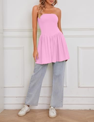 Image of Tube Top Dress for Women Summer Solid Strapless Flowy Mini Dresses Patchwork Pleated Drop Waist Flared Party Dress Pink, Medium