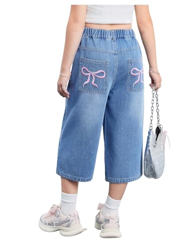 WDIRARA Girl's Bow Embroidery Baggy Jeans Cute Wide Leg Capris Denim Pants
