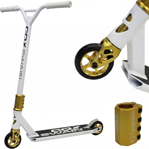 Cox Swain Stunt Scooter X-385, SCS-Kompression, CNC Fork, 100mm PU/Alu Rollen, ABEC 9, Kinder + Erwachsene, Anfänger + Profis, super stabil - Weiß