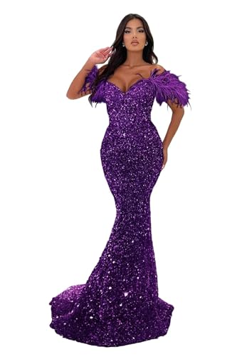 Image of Sequin Feathers Mermaid Prom Dresses 2026 Off Shoulder Sparkly Long Formal Evening Party Gowns with Train