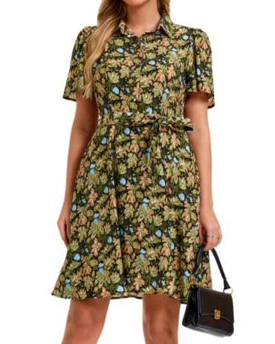 Image of Women Long Sleeve Spring Button Down A-Line Floral Print Summer Cocktail Shirt Dresses with Belt