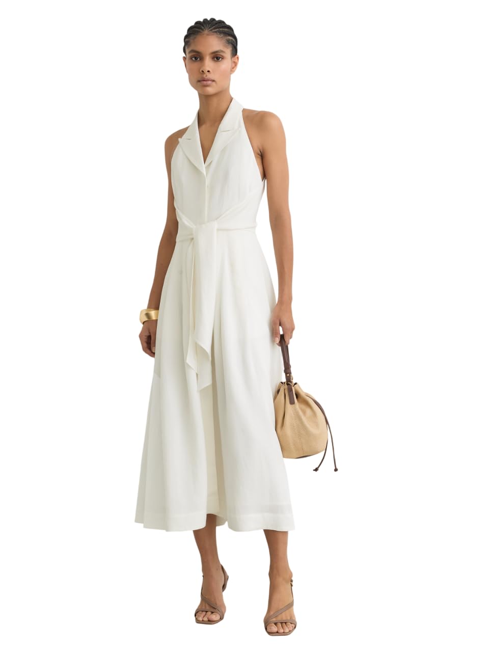 Photo 1 of REISS Womens' TOR Halterneck Linen Midi Dress Ivory