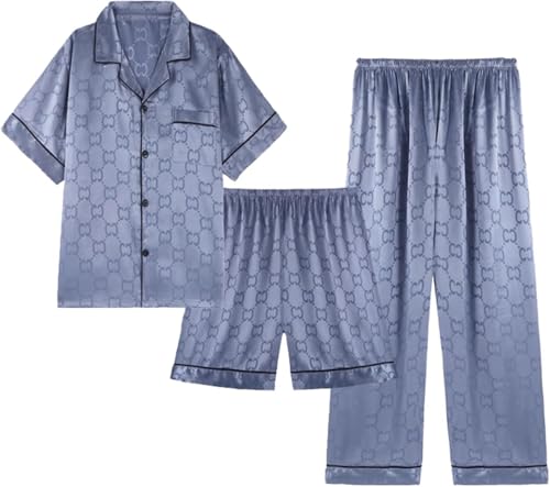 Men's 3-Pcs Pajamas Set Extra Plus Size Satin Pjs Set Men's Short-Sleeved Shorts Loungewear 50-150KG