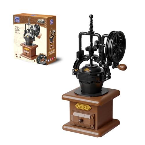 PANTASY Kaffee Mühle Klemmbausteine Set Vintage Handkurbel Kaffeemühle mit beweglichen Zahnrädern und Kaffeebohnen Retro Mechanik Modell mit Mini Café Szene Deko und Geschenk