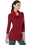 AmélieBoutik Damen-Pullover, drapiert, Wasserfallkragen, langärmelig, gestreifte Manschette, Rot/Ausflug, einfarbig (Getaway Solids), X-Groß
