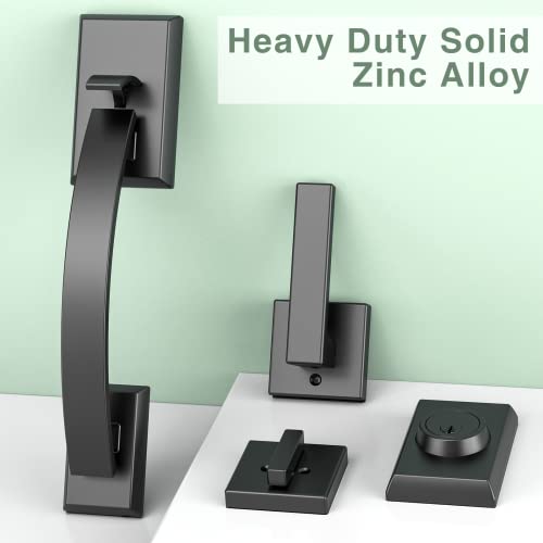 Image of Front Door Lock Set, Black Front Door Handle and Deadbolt Set Adjustable, 12.7in Heavy Exterior Entry Handle Reversible