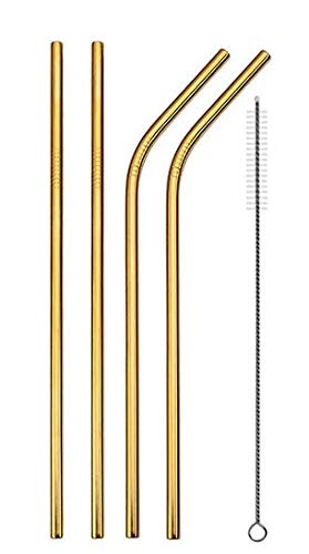 Image of STAR WORK - Metal Straws Stainless Steel Straws 8.5 inch Drinking Straws Reusable 4 Set And 1 cleaning Brush For Picnic,Travelling,Home,Bars (GOLD)