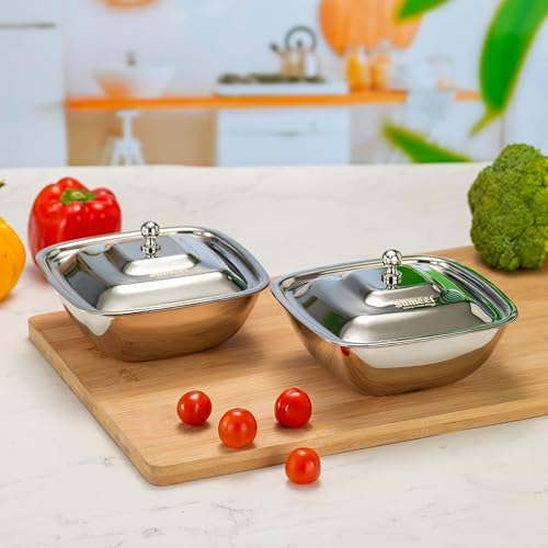 Image of Sumeet Stainless Steel Square Serving Bowl /Curry Bowl /Gravy Pot with lid, 600ml capacity, 14.5cm Dia, Set of 2 Pcs, Silver