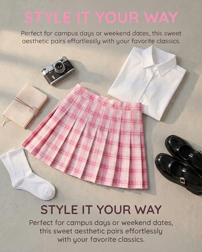 Image of Shestellar Stretchy Short Pleated Skirts for Women Cheerleader Uniform High Waist A-line Mini Skirt Pink Plaid XL
