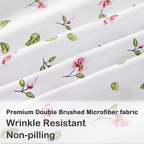 Image of Mooreeke Full Sheets Set - 4 Pieces Soft Breathable Microfiber Bed Sheet Set - Pink Flower Green Leaf Pattern Sheet Set - Deep Pocket Non-Slip Floral Printed Fitted Sheet Included for All Season